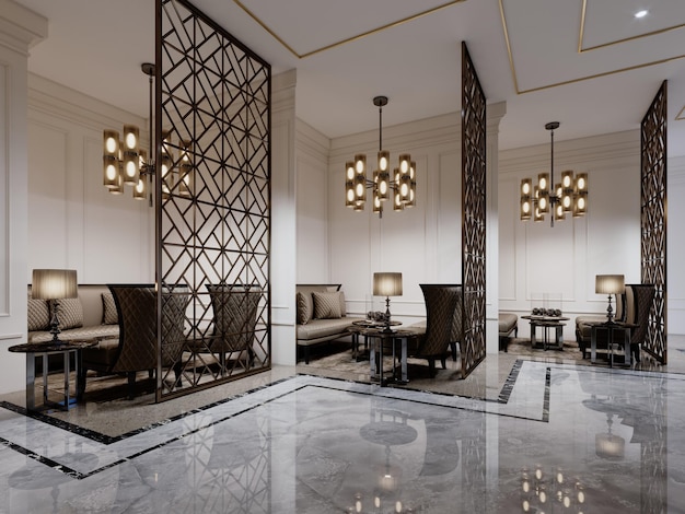 The hotel lobby with a seating waiting area with luxurious classic armchairs and a metal figured partition between the rooms 3D rendering