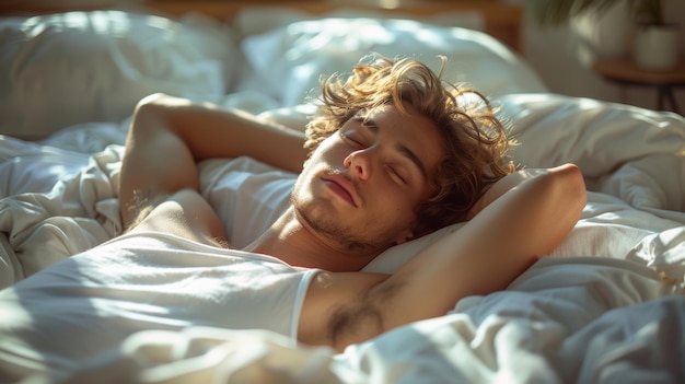 At the hotel in the morning a young man stretches after waking up