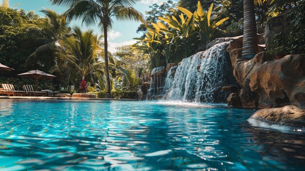 Hotel outdoor pool features waterfall with palm trees and sun loungers