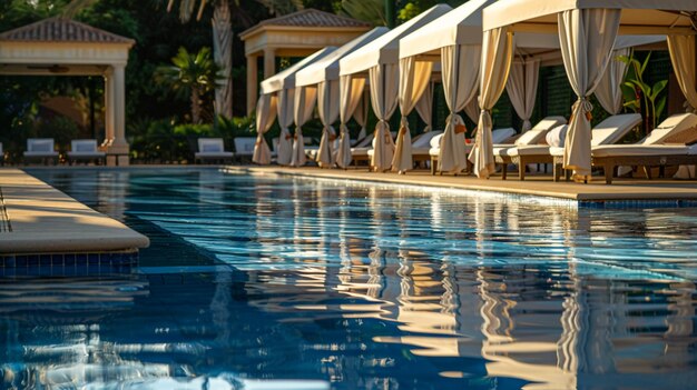 Hotel pool area features elegant design and shaded cabanas