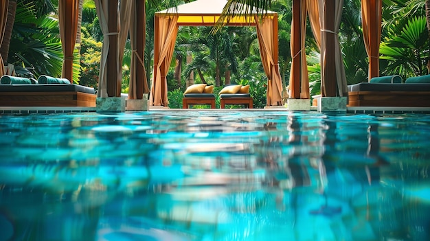 Hotel pool area features luxurious cabanas and tropical plants