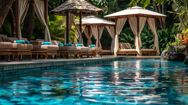 Photo hotel pool area features luxurious cabanas and tropical plants