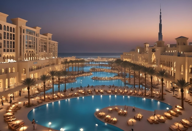 a hotel pool with many people swimming in it