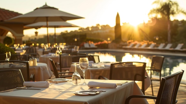 Hotel poolside dining area featuring elegant tables with gourmet food at sunset