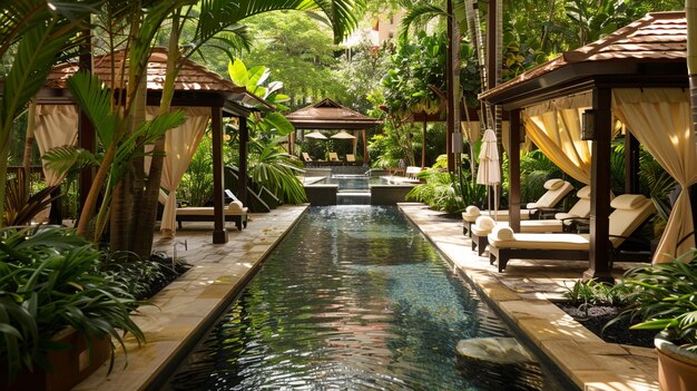 Hotel poolside spa area featuring massage cabanas and greenery