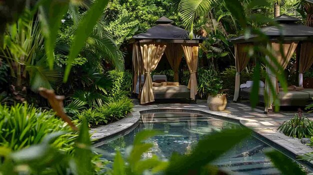 Photo hotel poolside spa area featuring massage cabanas and greenery