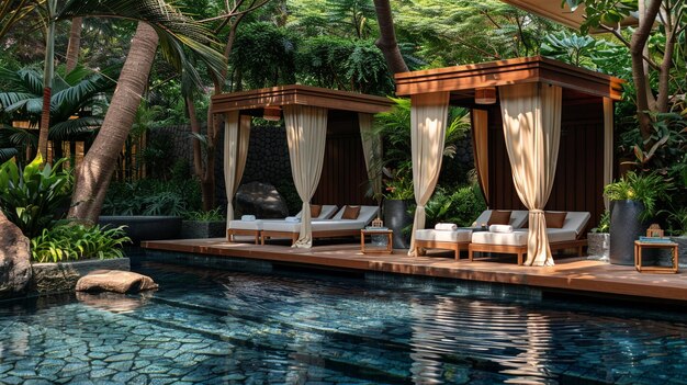 Hotel poolside spa area featuring massage cabanas and lush greenery