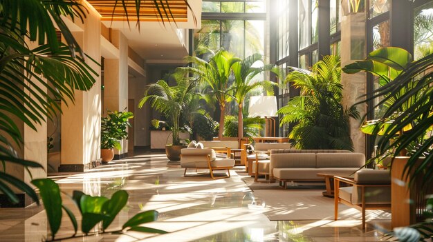 Photo hotel reception area features a glass atrium with tropical plants and natural sunlight