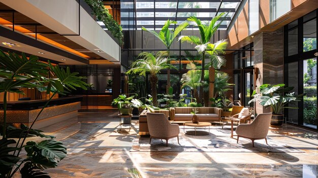 Hotel reception area featuring glass atrium and tropical plants