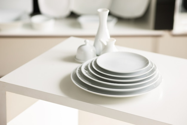 Hotel restaurant white dishes assortment. Stylish crockery set. Luxury and sophistication concept