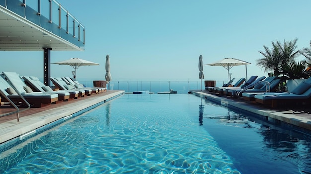 Hotel rooftop pool showcasing panoramic views with stylish loungers and clear water