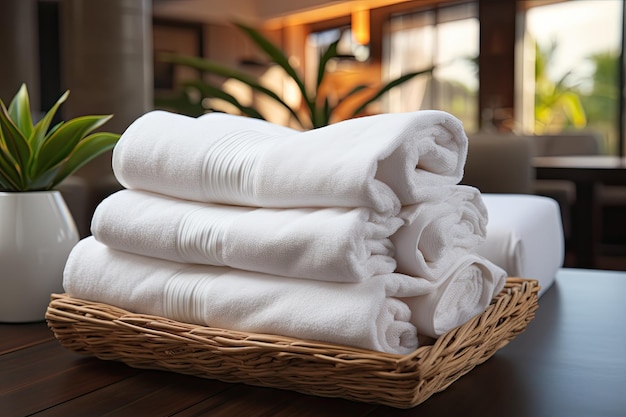 In a hotel room a white towel was used on the bed Stack of clean towels with flowers on bed in apartment Generative AI