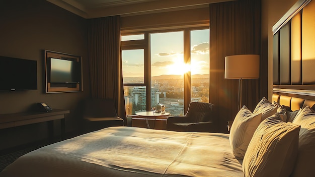 Photo a hotel room with a stunning sunset view