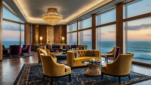 Photo a hotel room with a view of the ocean and a large window