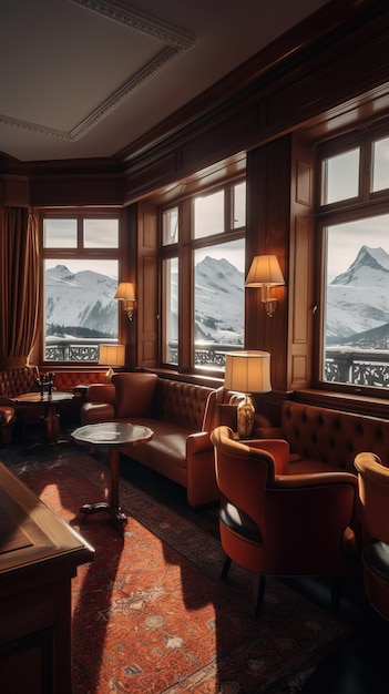 The hotel's lounge is decorated with a view of the mountains.