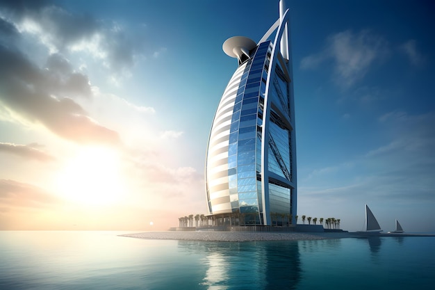 A hotel tower in dubai with the sun setting behind it