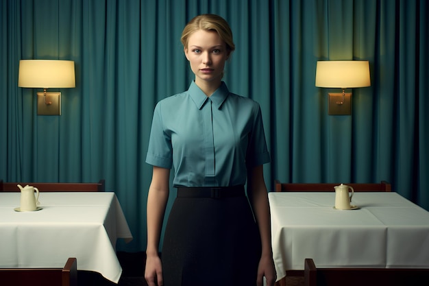 Hotel Waitress Standing Next to a Bed