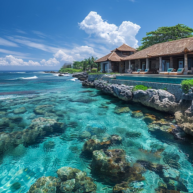 a hotel with a beach scene on the water and a building in the background