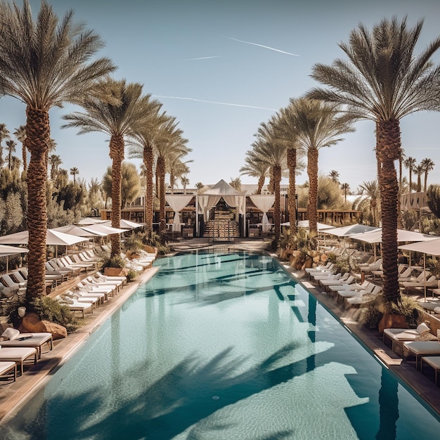 a hotel with palm trees and a pool with palm trees in the background.