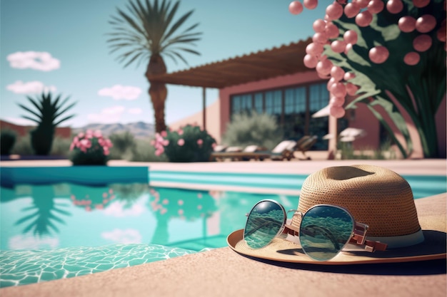 Hotel with pool and hat with sunglasses over landscape created using generative ai technology