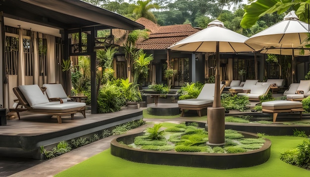 Photo a hotel with a pool and lounge chairs and a palm tree