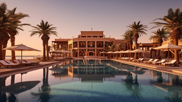 a hotel with a pool and palm trees in the background