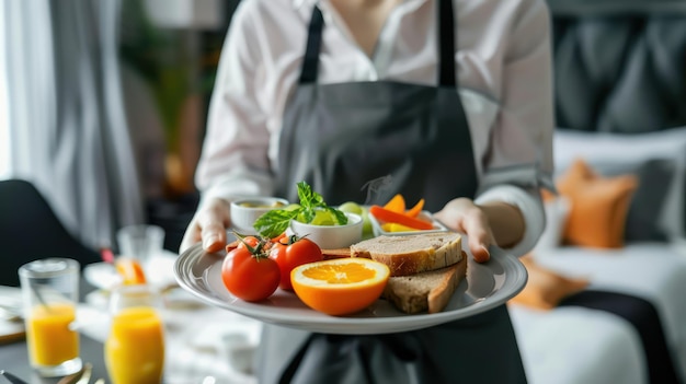 A hotel worker delivering room service with a tray of food