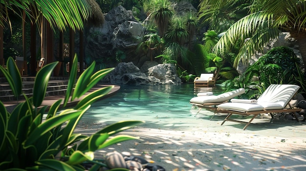 Photo hotels private beach area features stylish loungers among tropical plants