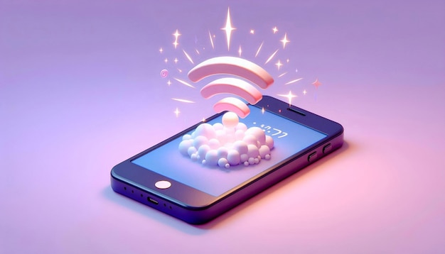 Photo hotspot signal release concept wifi with smartphone 3d minimal medium purple pastel background