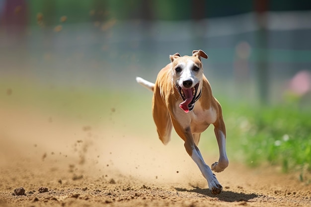 A hound dog in motion runs with its mouth and tongue open on the track