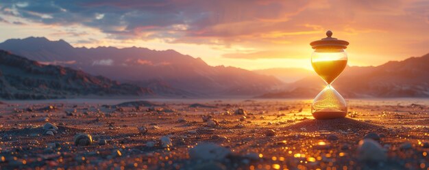 Photo hourglass on desert sand at sunset with mountains in the background and dramatic sky