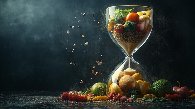 An hourglass filled with sand at the top are vegetables and fruits all representing a good life re