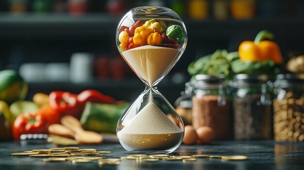 Photo an hourglass filled with sand at the top are vegetables and fruits all representing a good life re