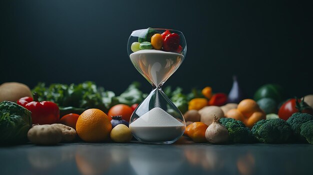 Photo an hourglass filled with sand at the top are vegetables and fruits all representing a good life re