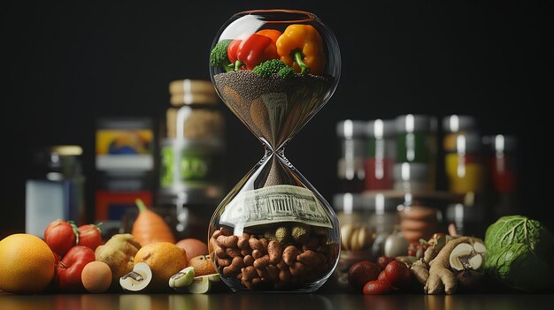 Photo an hourglass filled with sand at the top are vegetables and fruits all representing a good life re