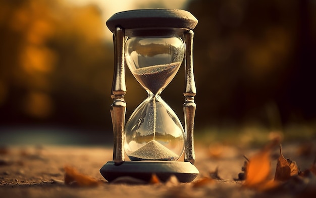 A hourglass is on the ground in the autumn.