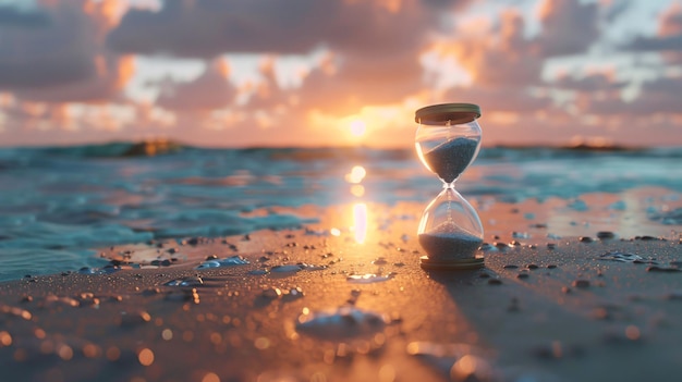 a hourglass is standing on the beach and the sun is setting behind the water