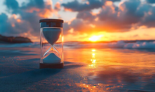 Photo an hourglass set against the horizon line of the sunset with the suns glow illuminating its shape