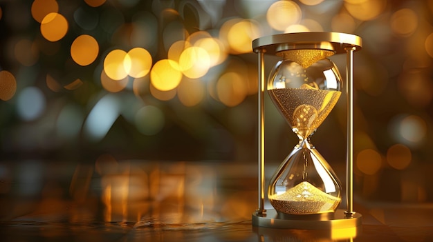 An hourglass sitting on top of a table with sand trickling down to mark the passage of time