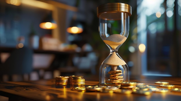 An hourglass and stacks of coins sit on a wooden table in a modern office