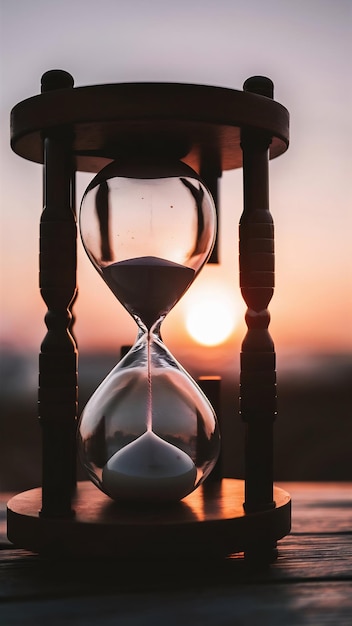 Hourglass at sunset or dawn on a blurry background as a reminder of the passing time