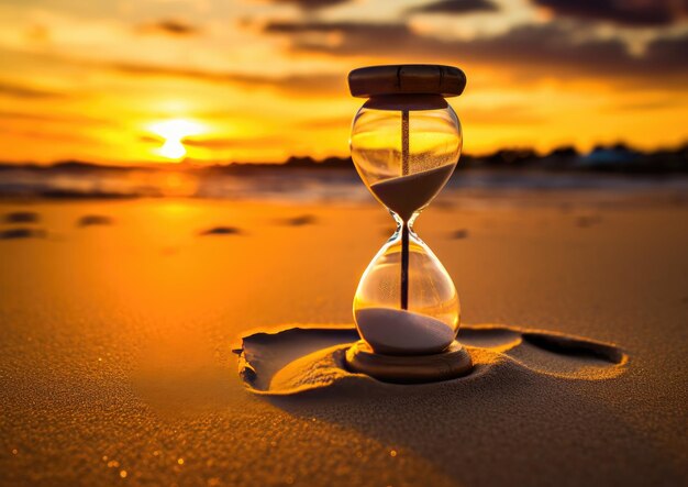 Photo hourglass in the sunset golden hour sand passing through the glass bulbs of an hourglass measuring the passing time as it counts down to a deadline or closure on a sunset sunrise beach background