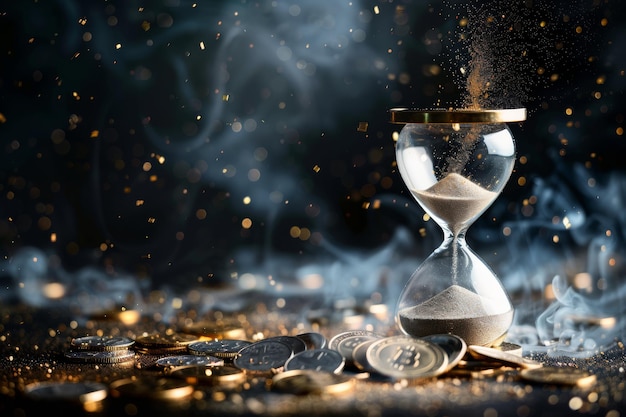 Photo an hourglass surrounded by coins and mystical dust blending time and wealth in artistry