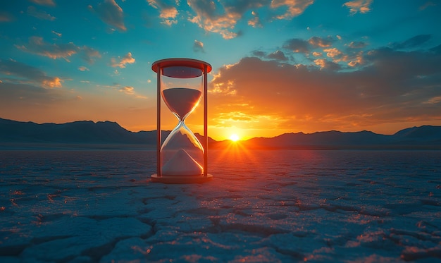 Photo an hourglass on a vast desert landscape as the sun sets highlighting the contrast