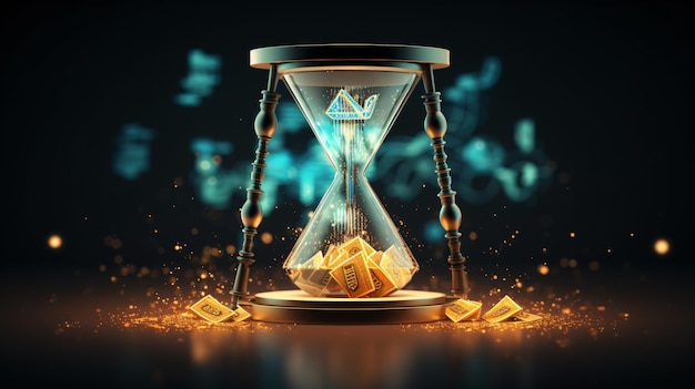 a hourglass with a blue background and a gold hourglass