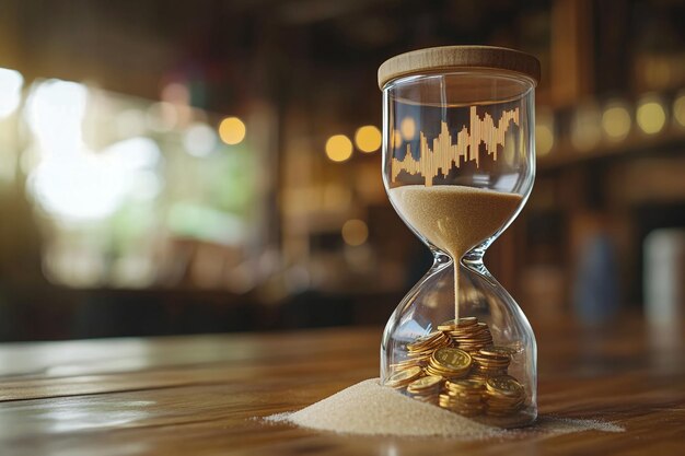 Photo a hourglass with the city of the city in the background