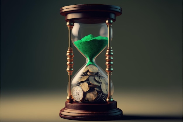 Hourglass with coins on green background investment time concept Generative AI