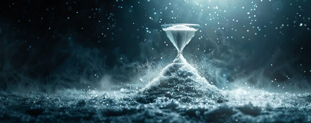 Photo hourglass with flowing sand in a mystical snowy landscape with dramatic lighting and atmospheric effects