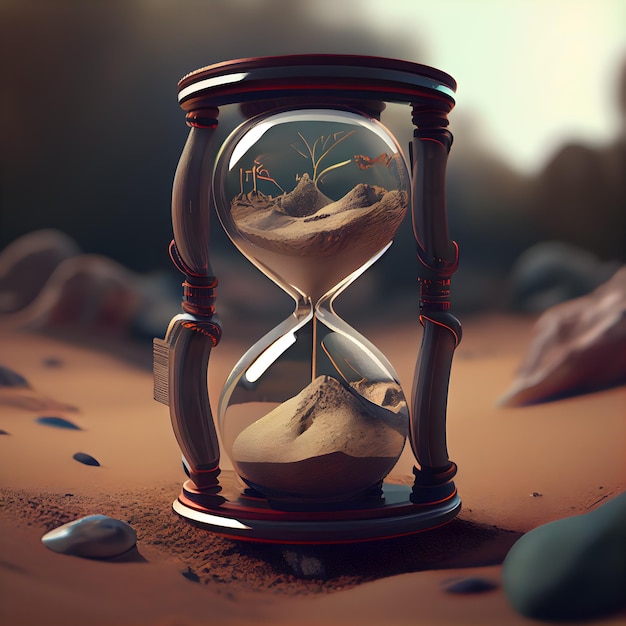 Hourglass with sand in the desert 3d render illustration