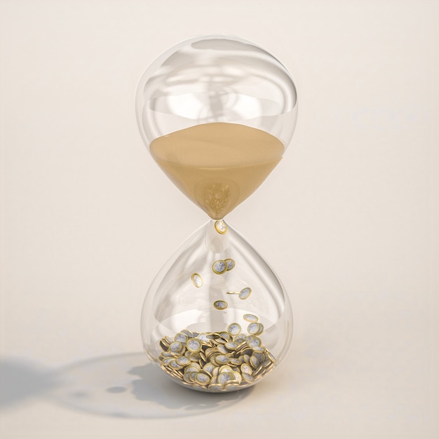 Hourglass with sand and euro coins. 3d render.